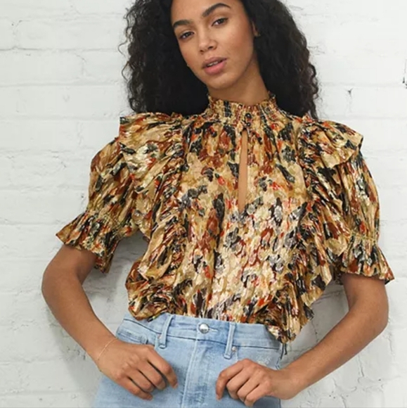 ba&sh Tops - BA&SH New Gilda Silk Metallic Ochre Ruffle Abstract Lady Blouse Top SZ Small